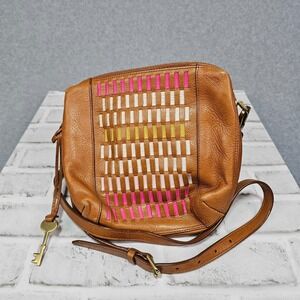 Fossil Colorful Boho Weave Embossed Woven Textured Brown Leather Crossbody Purse